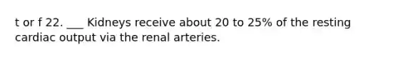 t or f 22. ___ Kidneys receive about 20 to 25% of the resting cardiac output via the renal arteries.