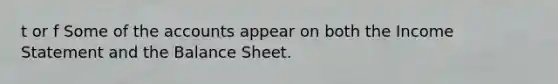 t or f Some of the accounts appear on both the Income Statement and the Balance Sheet.