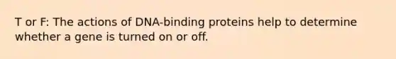 T or F: The actions of DNA-binding proteins help to determine whether a gene is turned on or off.