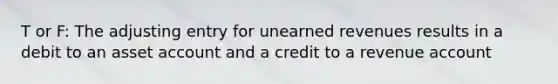 T or F: The adjusting entry for <a href='https://www.questionai.com/knowledge/kJai9DDOaA-unearned-revenues' class='anchor-knowledge'>unearned revenues</a> results in a debit to an asset account and a credit to a revenue account