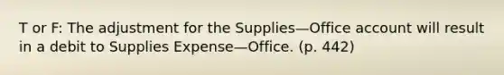 T or F: The adjustment for the Supplies—Office account will result in a debit to Supplies Expense—Office. (p. 442)