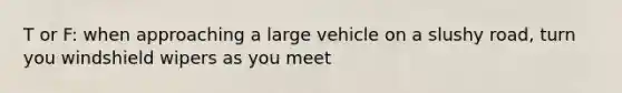 T or F: when approaching a large vehicle on a slushy road, turn you windshield wipers as you meet