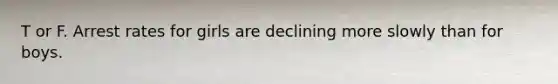 T or F. Arrest rates for girls are declining more slowly than for boys.