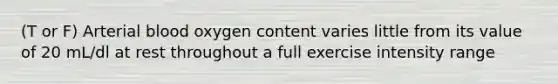 (T or F) Arterial blood oxygen content varies little from its value of 20 mL/dl at rest throughout a full exercise intensity range