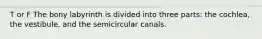 T or F The bony labyrinth is divided into three parts: the cochlea, the vestibule, and the semicircular canals.