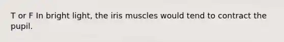 T or F In bright light, the iris muscles would tend to contract the pupil.