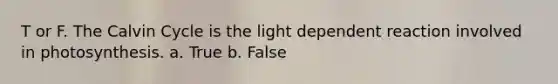 T or F. The Calvin Cycle is the light dependent reaction involved in photosynthesis. a. True b. False