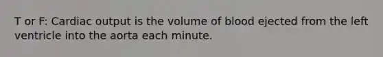 T or F: <a href='https://www.questionai.com/knowledge/kyxUJGvw35-cardiac-output' class='anchor-knowledge'>cardiac output</a> is the volume of blood ejected from the left ventricle into the aorta each minute.