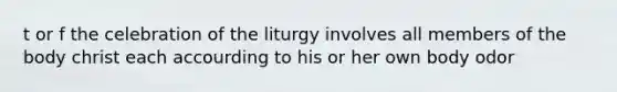 t or f the celebration of the liturgy involves all members of the body christ each accourding to his or her own body odor