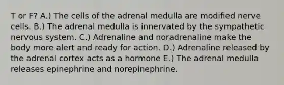 T or F? A.) The cells of the adrenal medulla are modified nerve cells. B.) The adrenal medulla is innervated by the sympathetic <a href='https://www.questionai.com/knowledge/kThdVqrsqy-nervous-system' class='anchor-knowledge'>nervous system</a>. C.) Adrenaline and noradrenaline make the body more alert and ready for action. D.) Adrenaline released by the adrenal cortex acts as a hormone E.) The adrenal medulla releases epinephrine and norepinephrine.