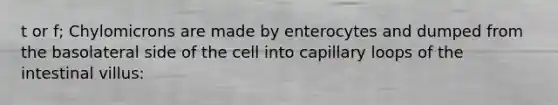 t or f; Chylomicrons are made by enterocytes and dumped from the basolateral side of the cell into capillary loops of the intestinal villus: