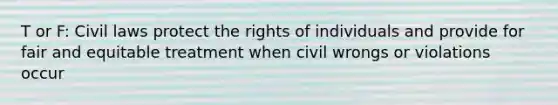 T or F: Civil laws protect the rights of individuals and provide for fair and equitable treatment when civil wrongs or violations occur