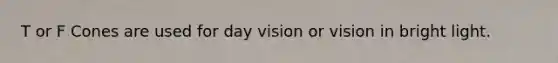 T or F Cones are used for day vision or vision in bright light.