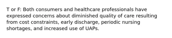 T or F: Both consumers and healthcare professionals have expressed concerns about diminished quality of care resulting from cost constraints, early discharge, periodic nursing shortages, and increased use of UAPs.