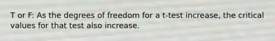 T or F: As the degrees of freedom for a t-test increase, the critical values for that test also increase.