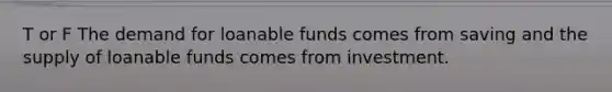 T or F The demand for loanable funds comes from saving and the supply of loanable funds comes from investment.