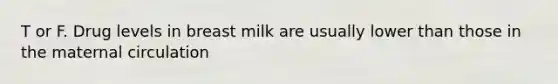 T or F. Drug levels in breast milk are usually lower than those in the maternal circulation