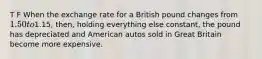 T F When the exchange rate for a British pound changes from 1.50 to1.15, then, holding everything else constant, the pound has depreciated and American autos sold in Great Britain become more expensive.