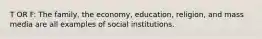 T OR F: The family, the economy, education, religion, and mass media are all examples of social institutions.