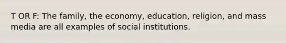 T OR F: The family, the economy, education, religion, and mass media are all examples of social institutions.