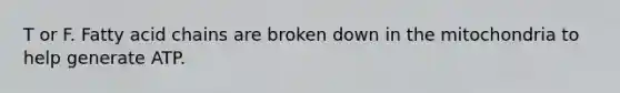 T or F. Fatty acid chains are broken down in the mitochondria to help generate ATP.