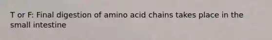 T or F: Final digestion of amino acid chains takes place in the small intestine