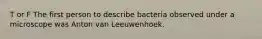 T or F The first person to describe bacteria observed under a microscope was Anton van Leeuwenhoek.