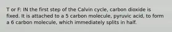 T or F: IN the first step of the Calvin cycle, carbon dioxide is fixed. It is attached to a 5 carbon molecule, pyruvic acid, to form a 6 carbon molecule, which immediately splits in half.