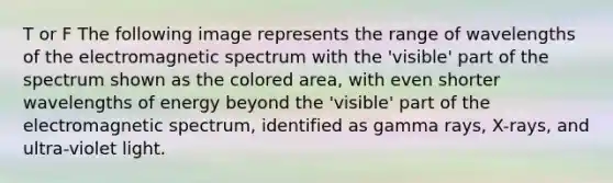 T or F The following image represents the range of wavelengths of the electromagnetic spectrum with the 'visible' part of the spectrum shown as the colored area, with even shorter wavelengths of energy beyond the 'visible' part of the electromagnetic spectrum, identified as gamma rays, X-rays, and ultra-violet light.