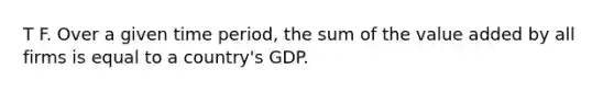 T F. Over a given time period, the sum of the value added by all firms is equal to a country's GDP.