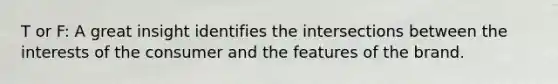 T or F: A great insight identifies the intersections between the interests of the consumer and the features of the brand.