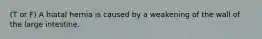 (T or F) A hiatal hernia is caused by a weakening of the wall of the large intestine.