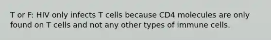 T or F: HIV only infects T cells because CD4 molecules are only found on T cells and not any other types of immune cells.
