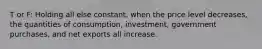 T or F: Holding all else constant, when the price level decreases, the quantities of consumption, investment, government purchases, and net exports all increase.