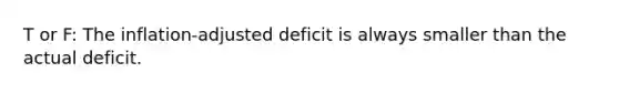 T or F: The​ inflation-adjusted deficit is always smaller than the actual deficit.