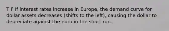 T F If interest rates increase in Europe, the demand curve for dollar assets decreases (shifts to the left), causing the dollar to depreciate against the euro in the short run.