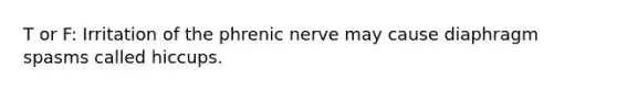 T or F: Irritation of the phrenic nerve may cause diaphragm spasms called hiccups.