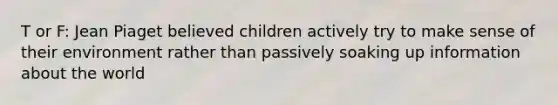 T or F: Jean Piaget believed children actively try to make sense of their environment rather than passively soaking up information about the world