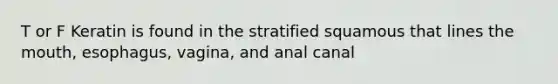 T or F Keratin is found in the stratified squamous that lines the mouth, esophagus, vagina, and anal canal