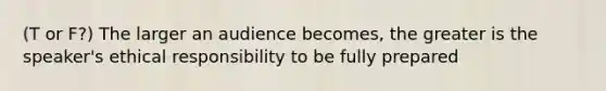 (T or F?) The larger an audience becomes, the greater is the speaker's ethical responsibility to be fully prepared