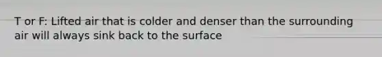 T or F: Lifted air that is colder and denser than the surrounding air will always sink back to the surface