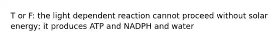 T or F: the light dependent reaction cannot proceed without solar energy; it produces ATP and NADPH and water