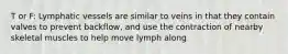 T or F: Lymphatic vessels are similar to veins in that they contain valves to prevent backflow, and use the contraction of nearby skeletal muscles to help move lymph along