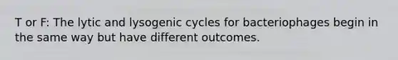 T or F: The lytic and lysogenic cycles for bacteriophages begin in the same way but have different outcomes.