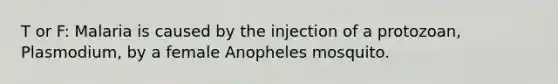 T or F: Malaria is caused by the injection of a protozoan, Plasmodium, by a female Anopheles mosquito.