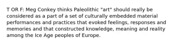 T OR F: Meg Conkey thinks Paleolithic "art" should really be considered as a part of a set of culturally embedded material performances and practices that evoked feelings, responses and memories and that constructed knowledge, meaning and reality among the Ice Age peoples of Europe.