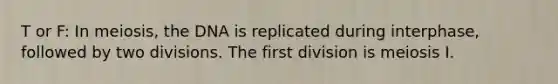 T or F: In meiosis, the DNA is replicated during interphase, followed by two divisions. The first division is meiosis I.