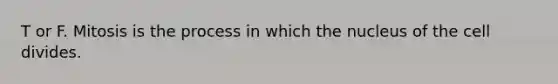 T or F. Mitosis is the process in which the nucleus of the cell divides.