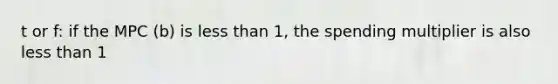 t or f: if the MPC (b) is less than 1, the spending multiplier is also less than 1