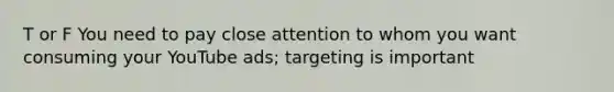 T or F You need to pay close attention to whom you want consuming your YouTube ads; targeting is important